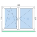 150x120cm,középen felnyíló váltószárnyas, balos, kétrétegű üvegezésű, fehér Active műanyag ablak